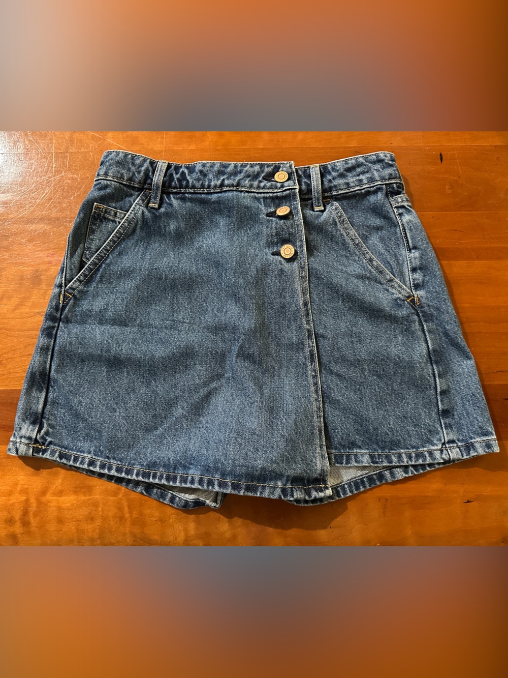 GAP Blue Denim Mini Skort with Offset Button Detail